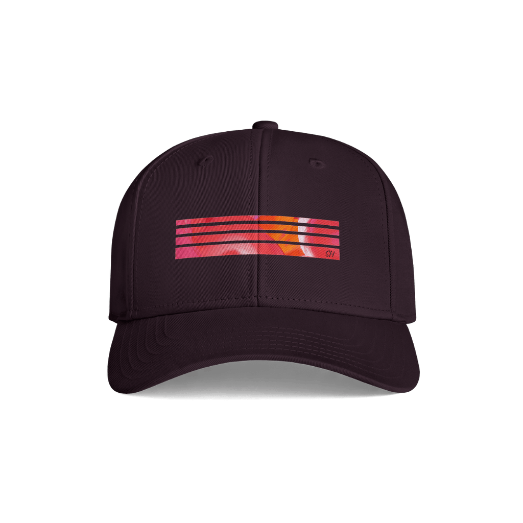 A dark plum-colored baseball cap featuring a horizontal graphic on the front with five red and orange stripes and a small 'G129' logo on the right side, shown against a plain white background.