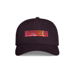 A dark plum-colored baseball cap featuring a horizontal graphic on the front with five red and orange stripes and a small 'G129' logo on the right side, shown against a plain white background.