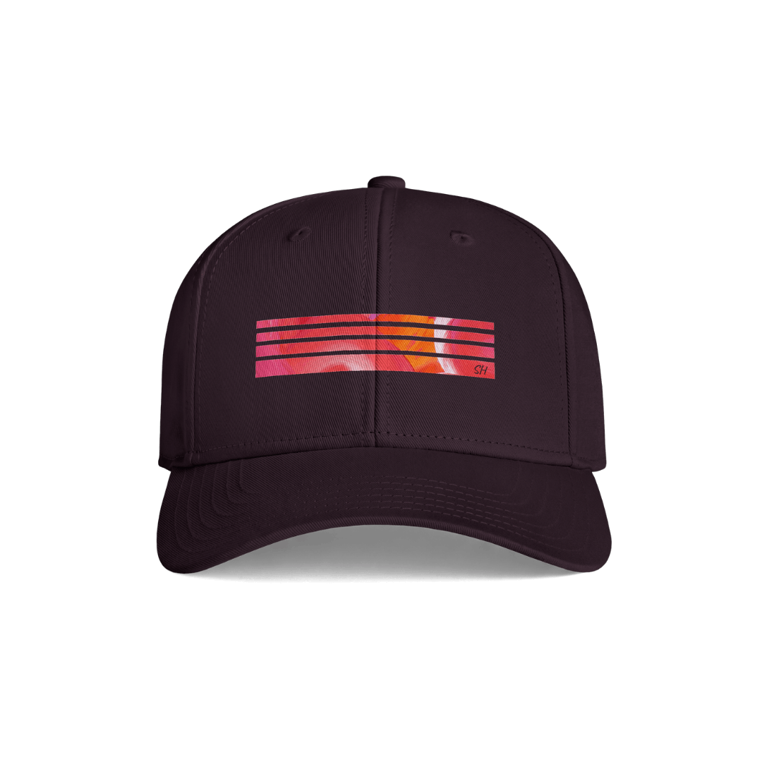 A dark plum-colored baseball cap featuring a horizontal graphic on the front with five red and orange stripes and a small 'G129' logo on the right side, shown against a plain white background.