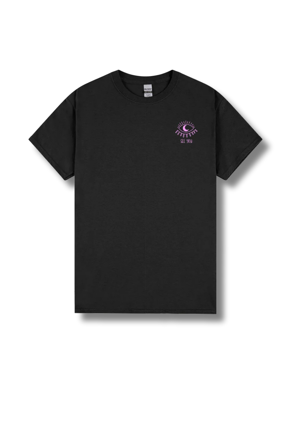 A black short-sleeve crewneck t-shirt with a small purple and white eye graphic on the left chest, displayed flat against a white background.