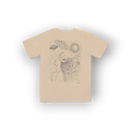 A beige short-sleeve t-shirt with a black line art graphic of a woman's profile with celestial elements like a sun, moon, and planets in her hair, shown on a white background.