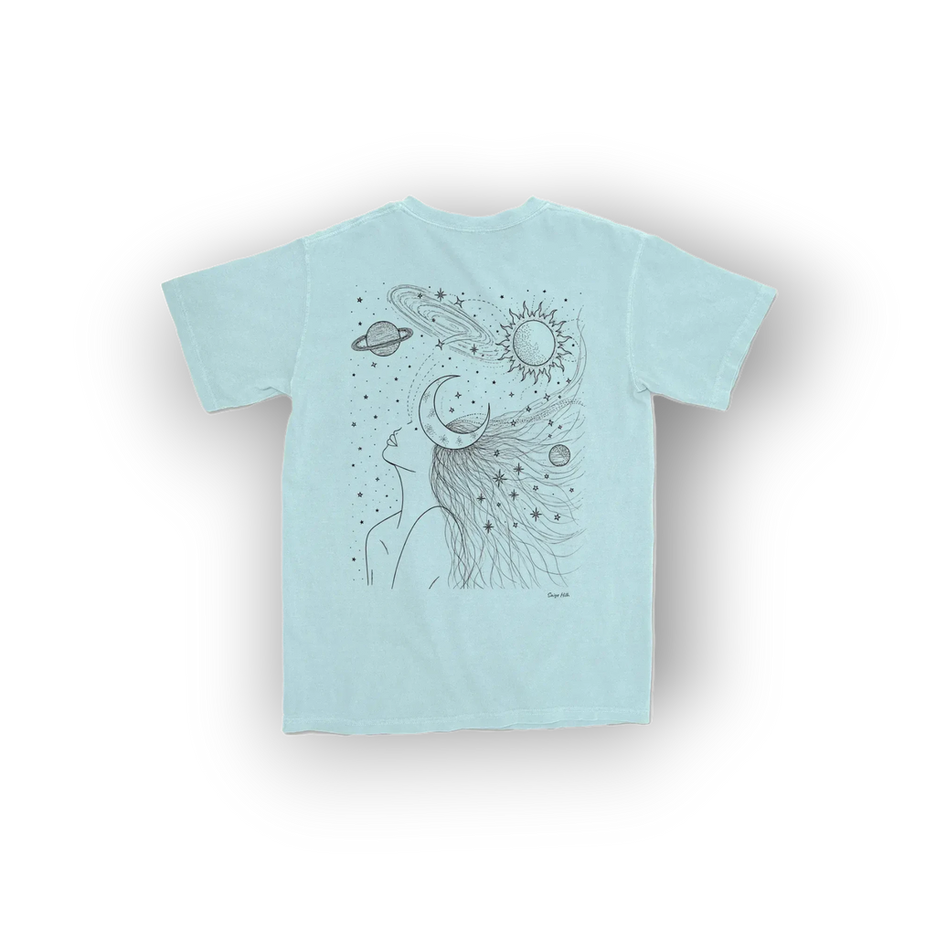 Light Blue Tshirt with crew neckline featuring an original artist design of the universe above a womans mind.