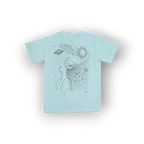 Light Blue Tshirt with crew neckline featuring an original artist design of the universe above a womans mind.