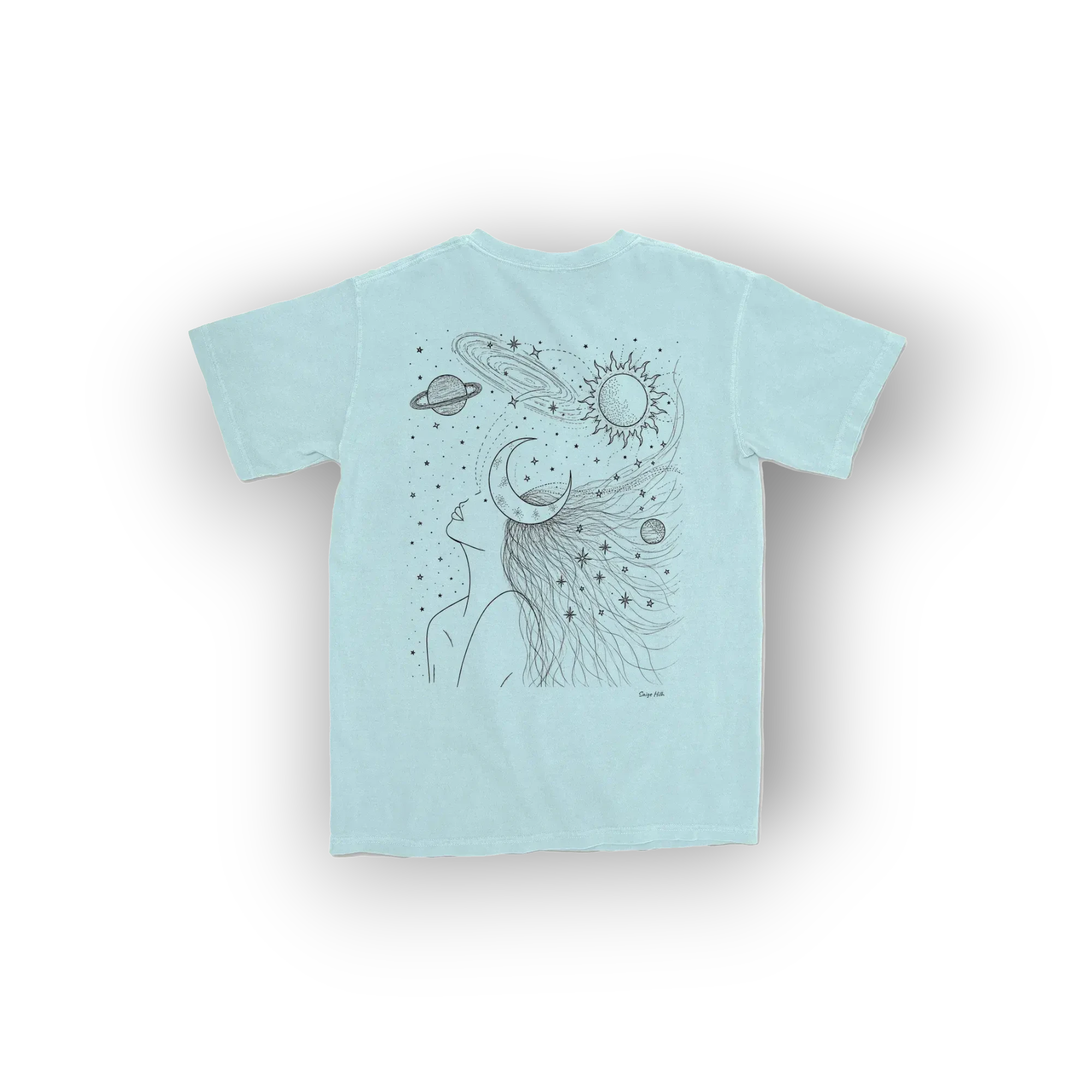 Light Blue Tshirt with crew neckline featuring an original artist design of the universe above a womans mind.