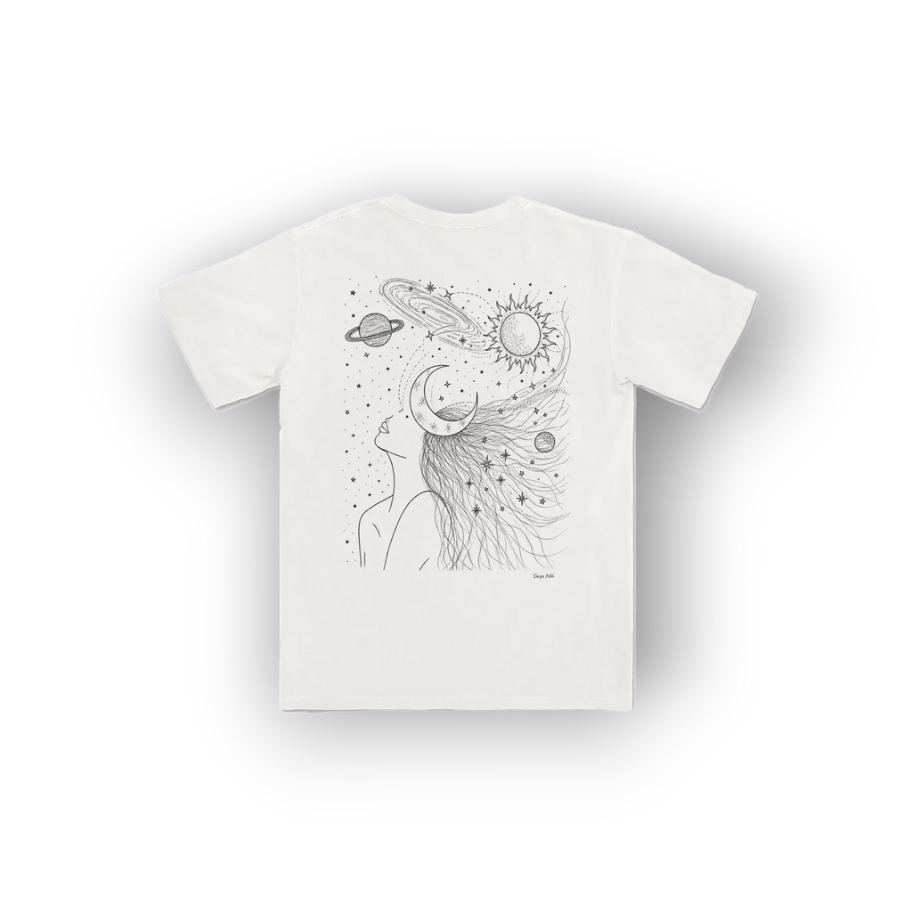 Original Saige Hilh Design of the universe escaping out of a womans mind on the back of a white tshirt