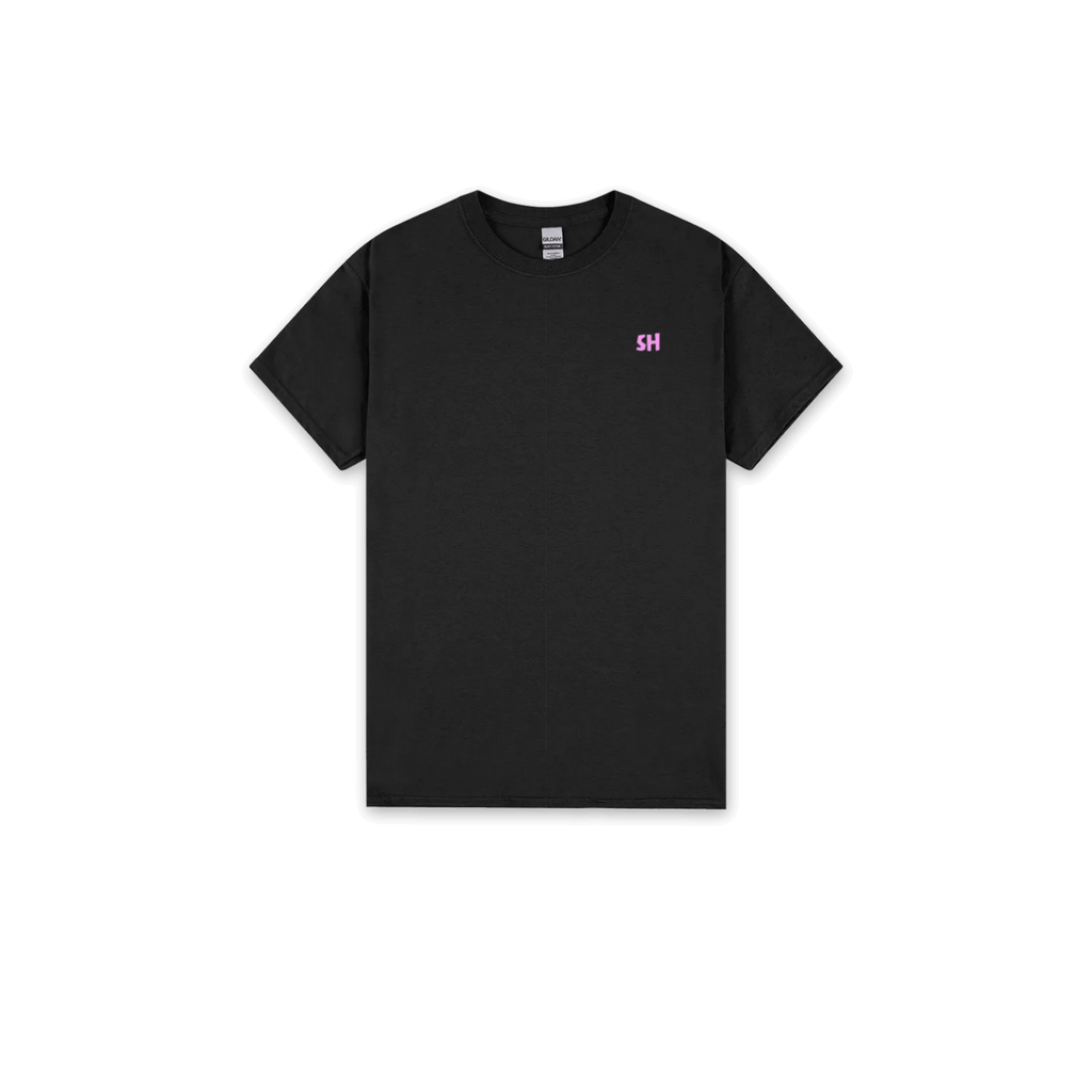 A black short-sleeve crewneck t-shirt with a small pink 'SH' logo on the left chest, displayed flat against a solid white background.