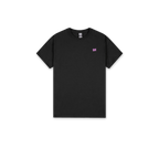 A black short-sleeve crewneck t-shirt with a small pink 'SH' logo on the left chest, displayed flat against a solid white background.
