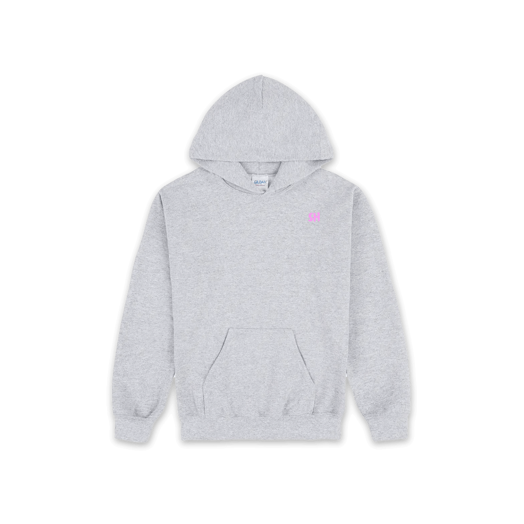 A light heather gray pullover hoodie with a small pink embroidered logo on the left chest, displayed against a solid white background.