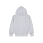 A light heather gray pullover hoodie with a small pink embroidered logo on the left chest, displayed against a solid white background.