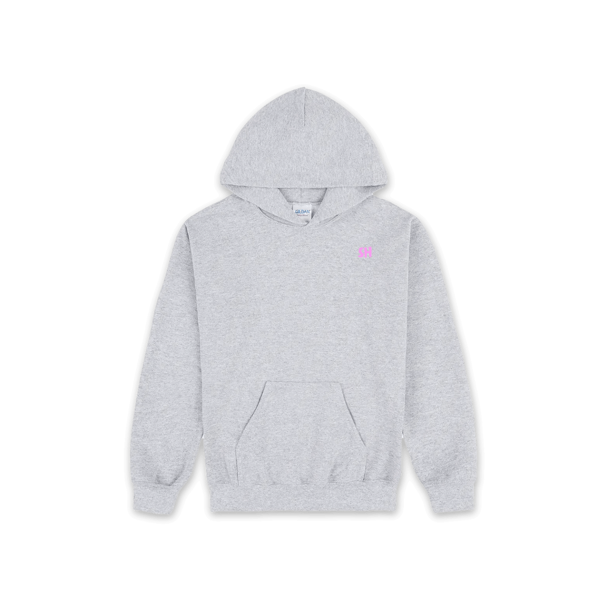 A light heather gray pullover hoodie with a small pink embroidered logo on the left chest, displayed against a solid white background.