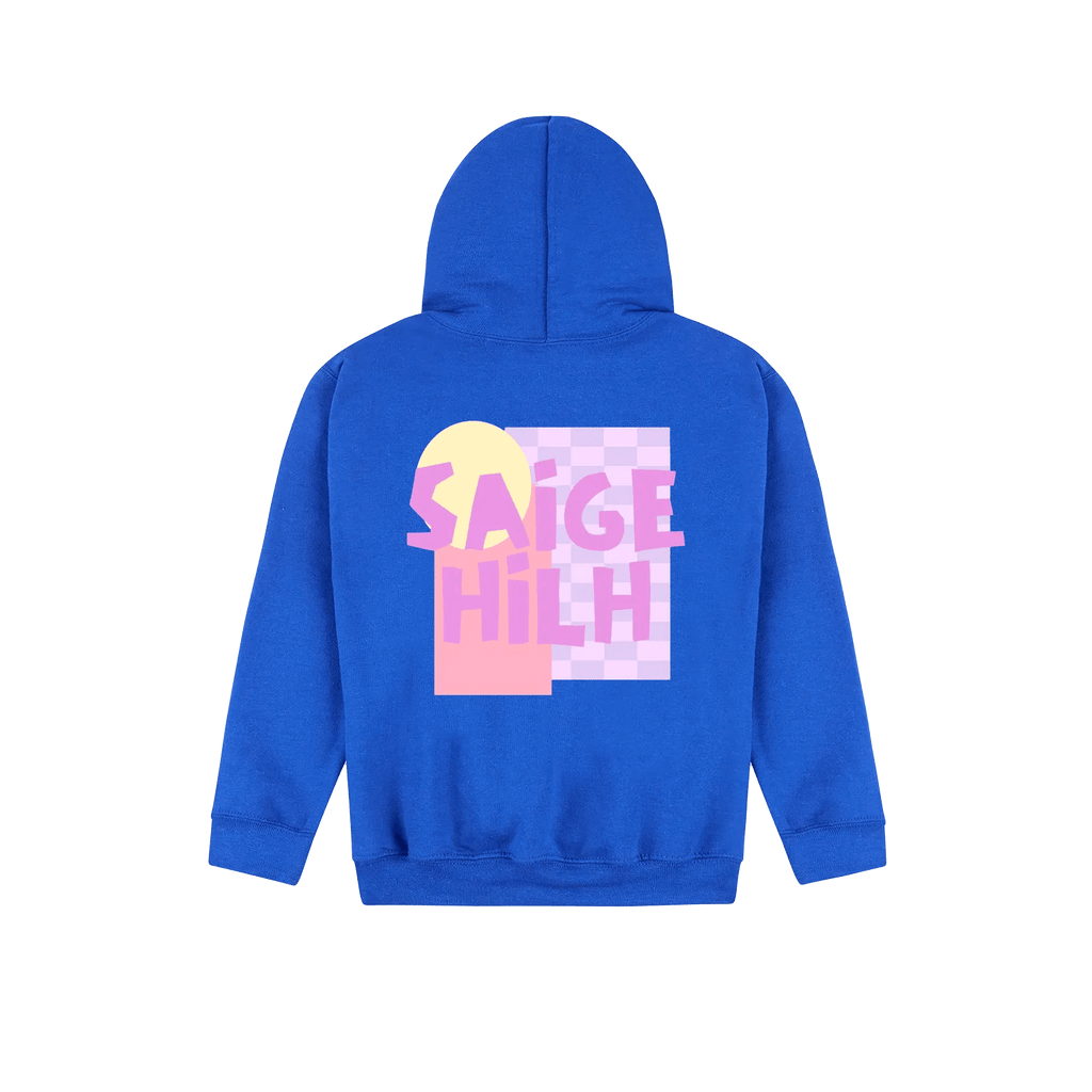 A royal blue pullover hoodie shown from the back, featuring a colorful graphic print with the text 'SAIGE HILH' in pink over a pastel pixel-art design.