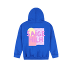 A royal blue pullover hoodie shown from the back, featuring a colorful graphic print with the text 'SAIGE HILH' in pink over a pastel pixel-art design.