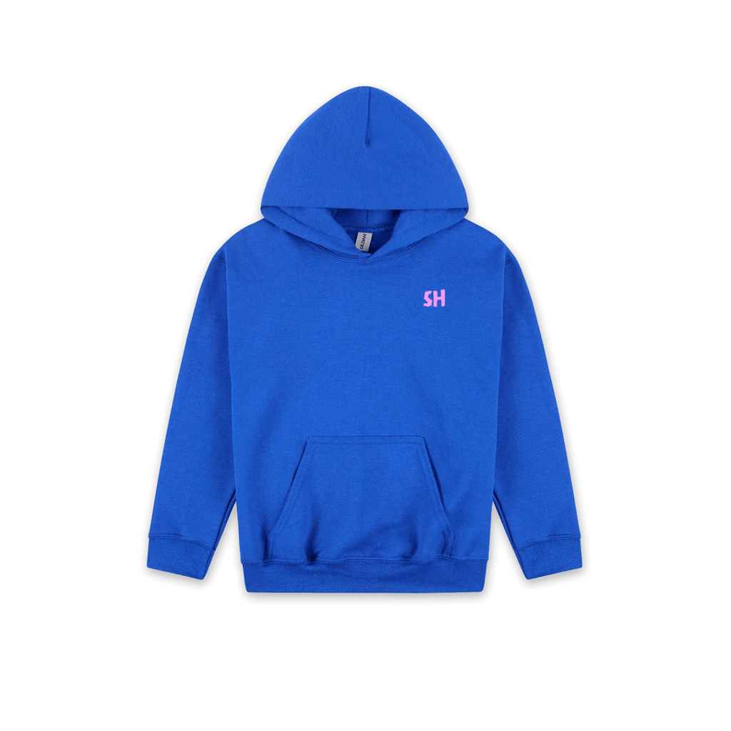 A bright blue pullover hoodie with a small pink 'SH' logo on the left chest, displayed on a clean white background.