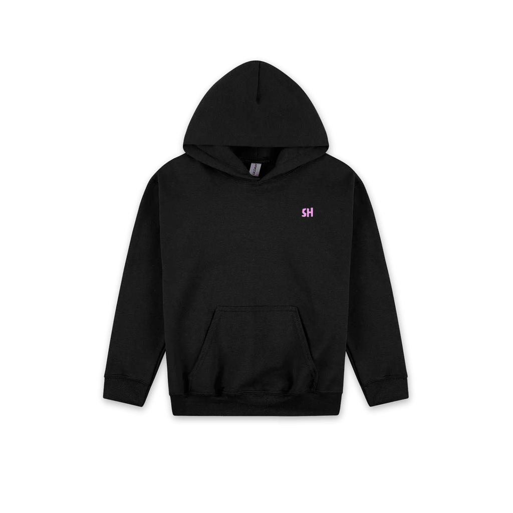 A black pullover hoodie with a small pink embroidered 'SH' logo on the left chest, displayed against a solid white background.