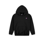 A black pullover hoodie with a small pink embroidered 'SH' logo on the left chest, displayed against a solid white background.