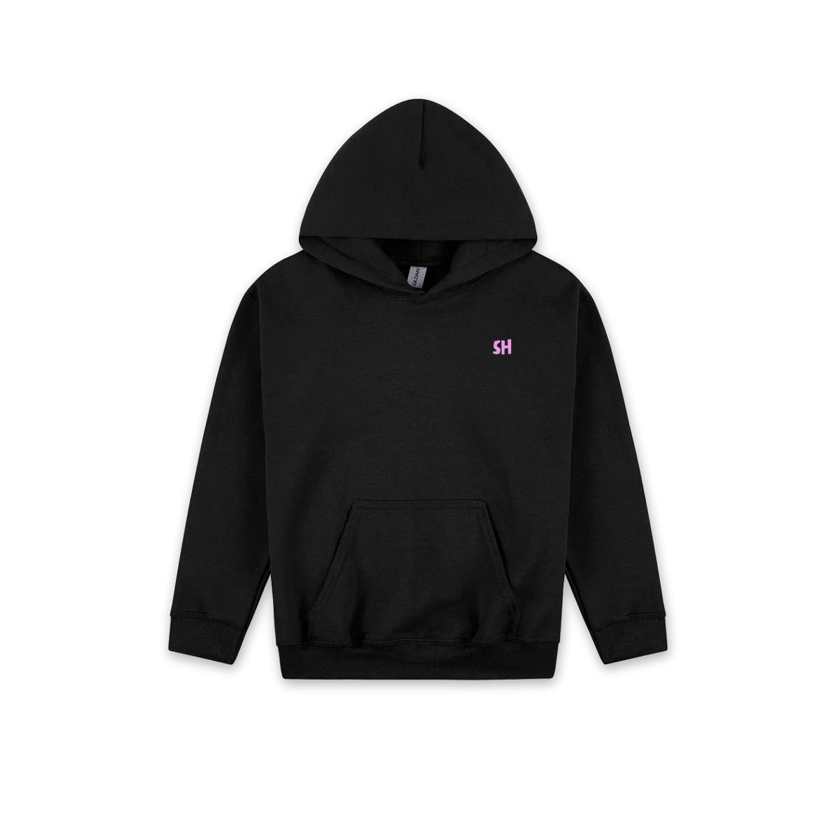 A black pullover hoodie with a small pink embroidered 'SH' logo on the left chest, displayed against a solid white background.