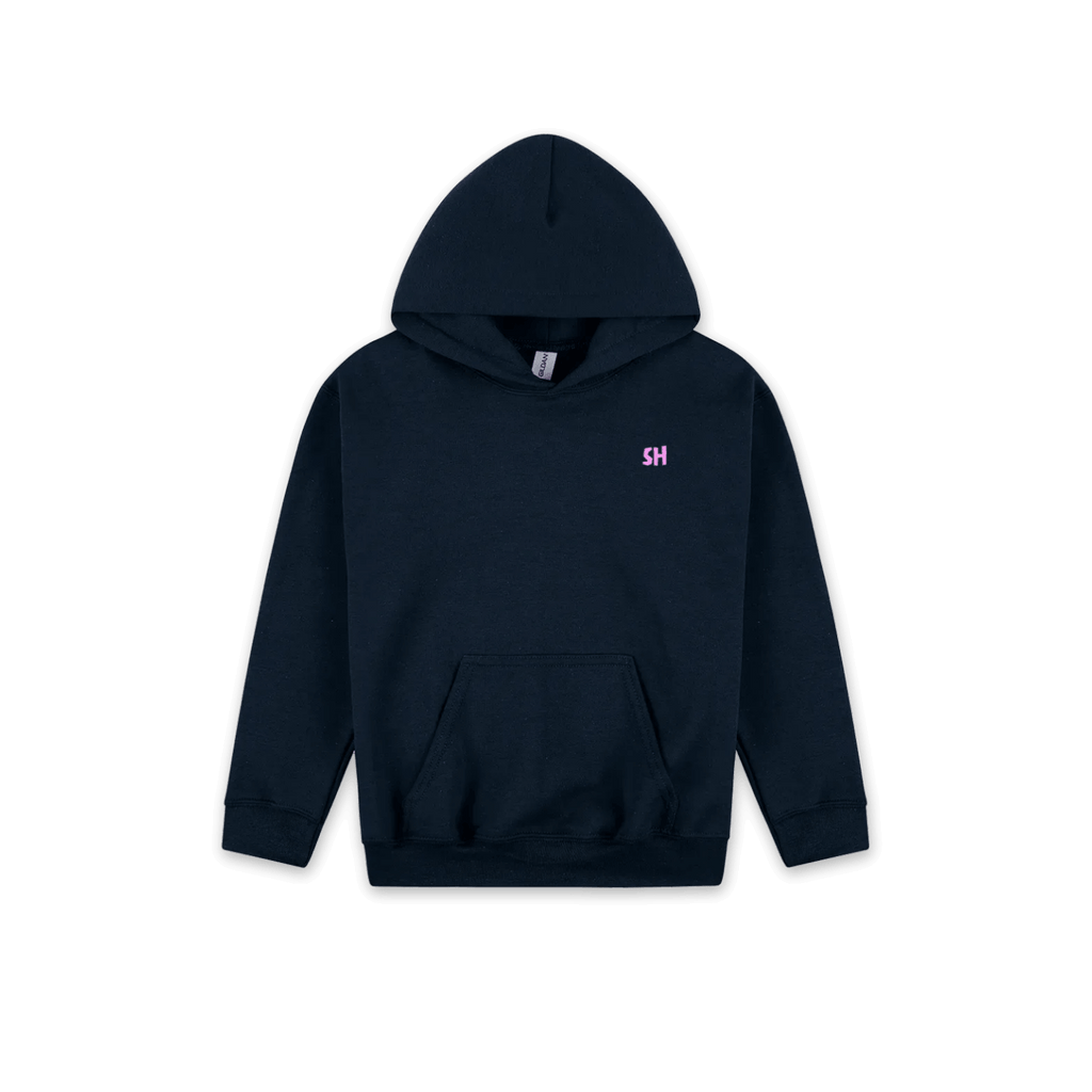 A dark navy blue pullover hoodie with a small pink embroidered 'SH' logo on the left chest, displayed against a solid white background.