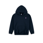 A dark navy blue pullover hoodie with a small pink embroidered 'SH' logo on the left chest, displayed against a solid white background.