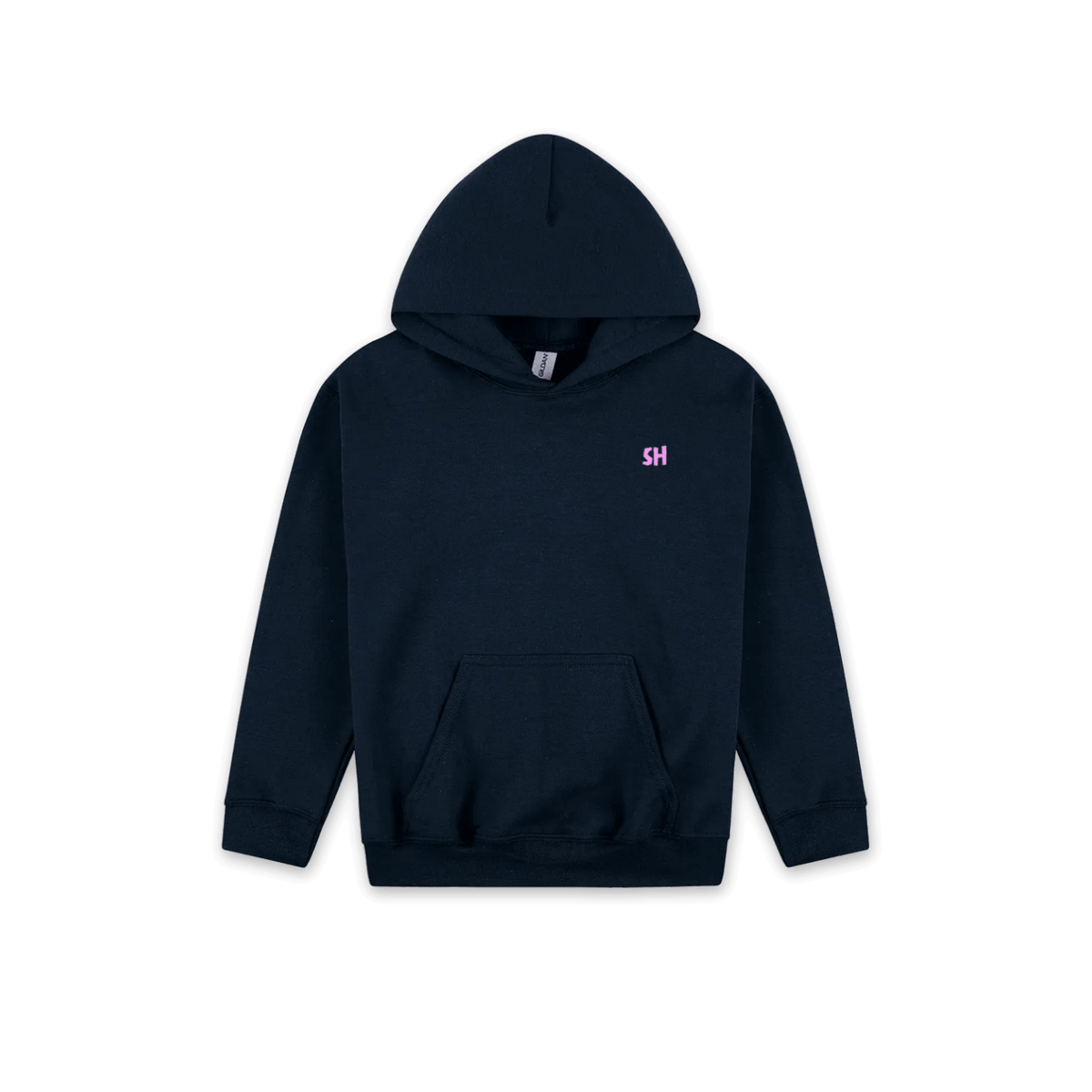 A dark navy blue pullover hoodie with a small pink embroidered 'SH' logo on the left chest, displayed against a solid white background.