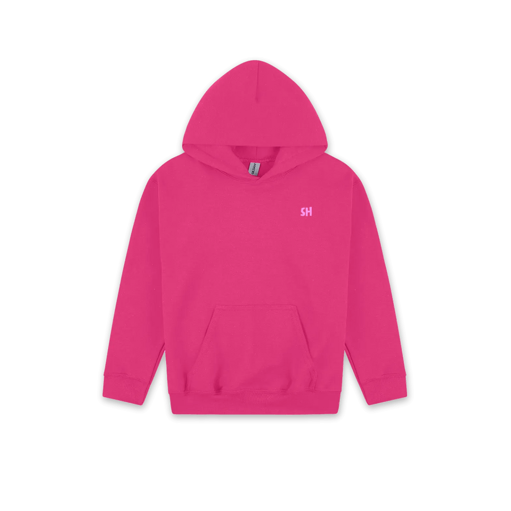 A bright pink pullover hoodie with a small white embroidered 'SH' logo on the left chest, displayed against a solid white background.