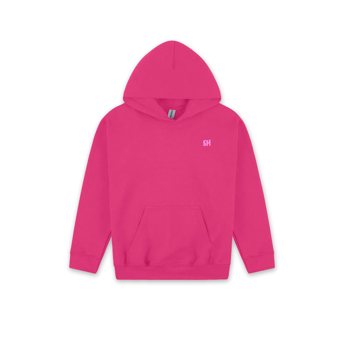 A bright pink pullover hoodie with a small white embroidered 'SH' logo on the left chest, displayed against a solid white background.
