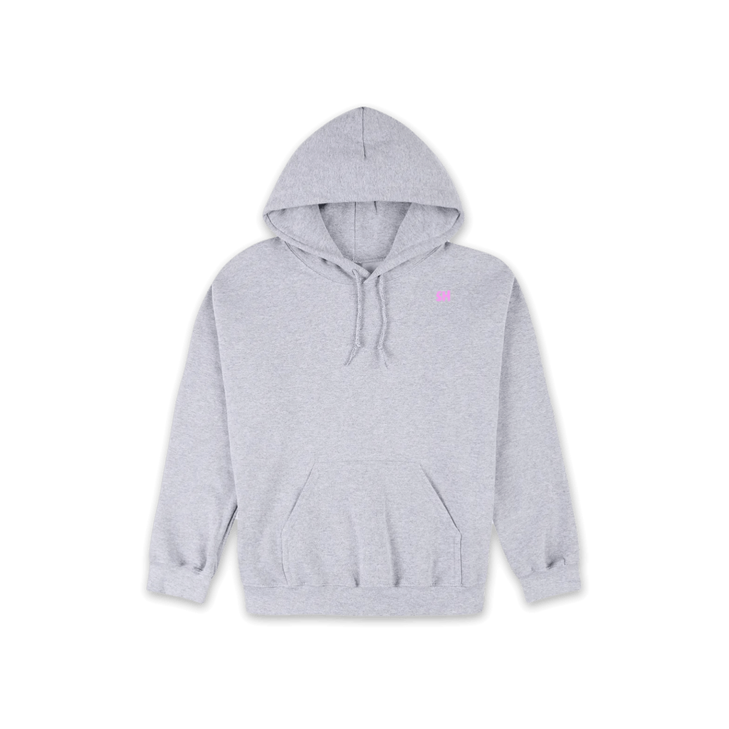 A light gray heather pullover hoodie with a small pink embroidered logo on the left chest, displayed against a solid white background.