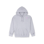 A light gray heather pullover hoodie with a small pink embroidered logo on the left chest, displayed against a solid white background.