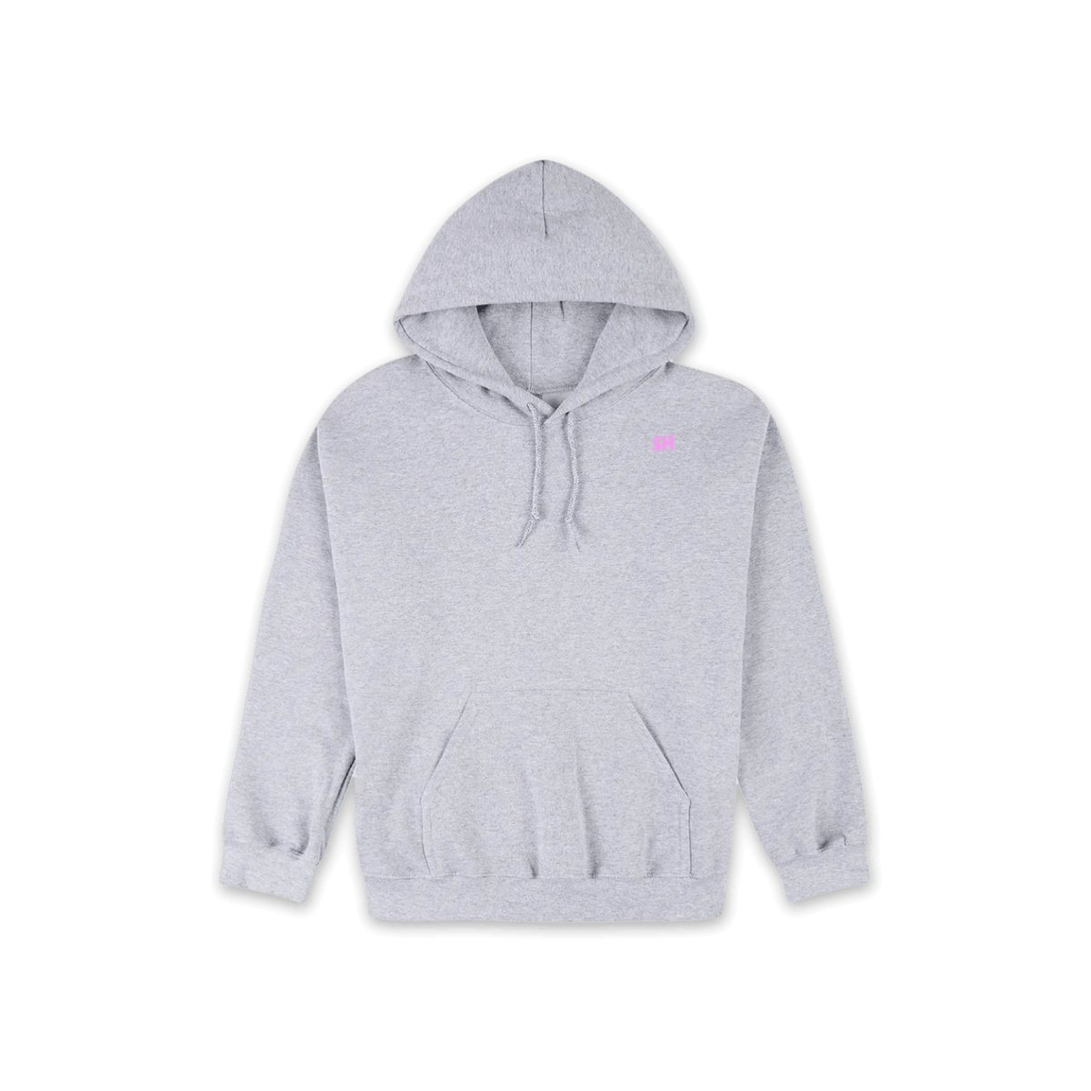 A light gray heather pullover hoodie with a small pink embroidered logo on the left chest, displayed against a solid white background.