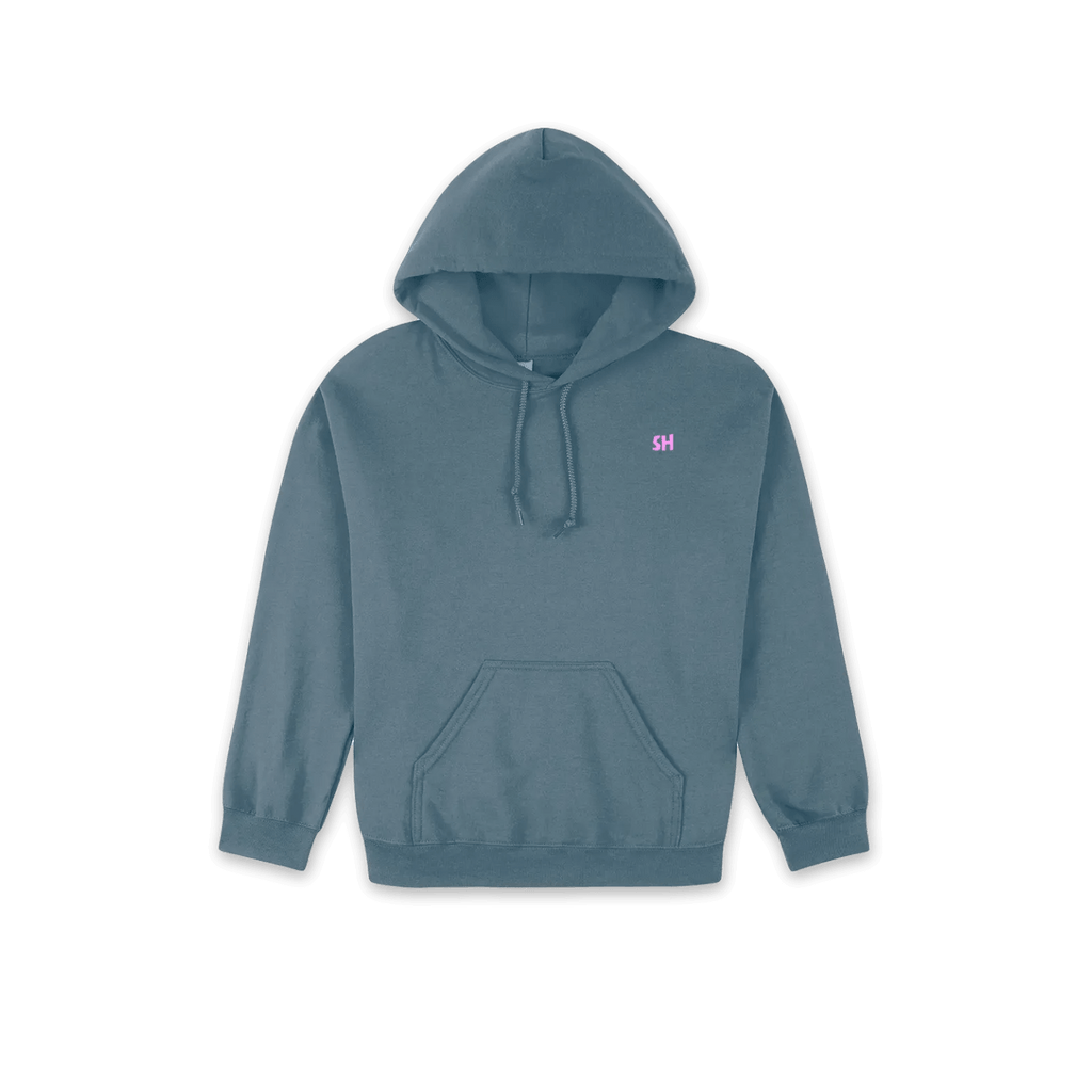 A slate blue pullover hoodie with a small pink embroidered 'SH' logo on the left chest, displayed against a solid white background.
