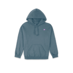 A slate blue pullover hoodie with a small pink embroidered 'SH' logo on the left chest, displayed against a solid white background.