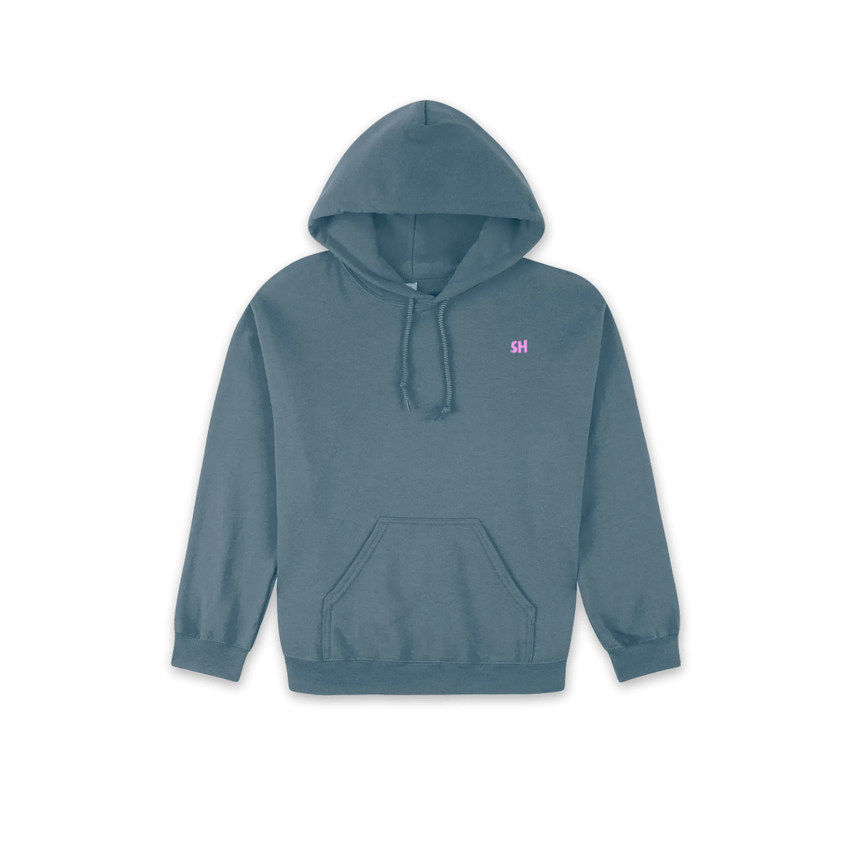 A slate blue pullover hoodie with a small pink embroidered 'SH' logo on the left chest, displayed against a solid white background.
