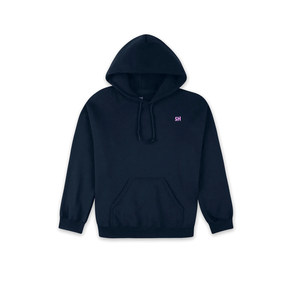 A dark navy blue pullover hoodie with a small pink embroidered 'SH' logo on the left chest, displayed against a solid white background.