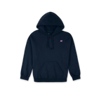 A dark navy blue pullover hoodie with a small pink embroidered 'SH' logo on the left chest, displayed against a solid white background.