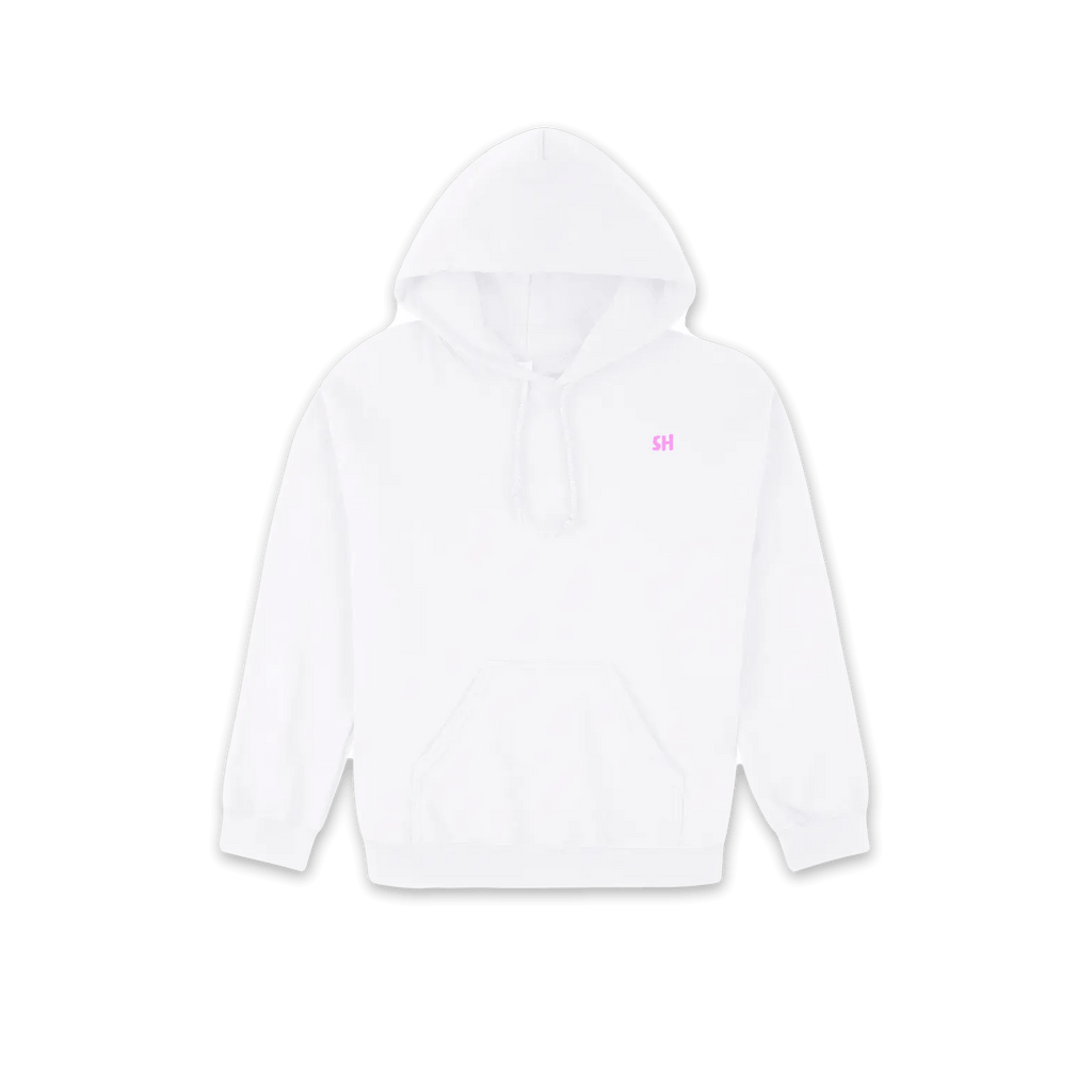 A white pullover hoodie with a small pink embroidered monogram logo on the left chest, displayed on a clean white background.