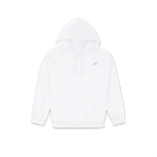 A white pullover hoodie with a small pink embroidered monogram logo on the left chest, displayed on a clean white background.