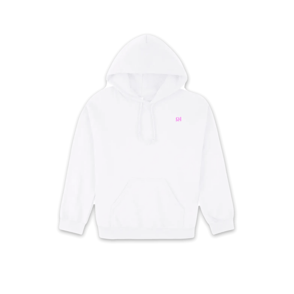 A white pullover hoodie with a small pink embroidered monogram logo on the left chest, displayed on a clean white background.