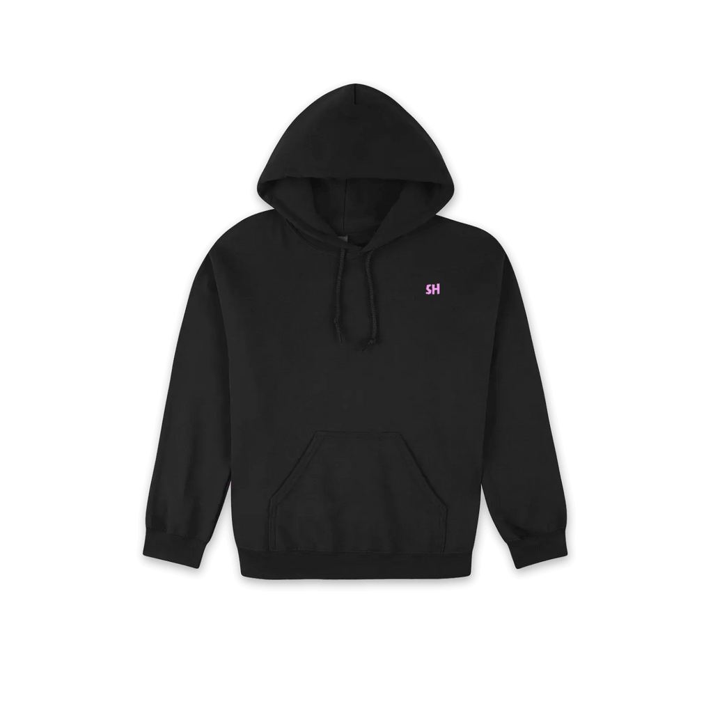 A black pullover hoodie with a small pink embroidered 'SH' logo on the left chest, displayed on a clean white background.
