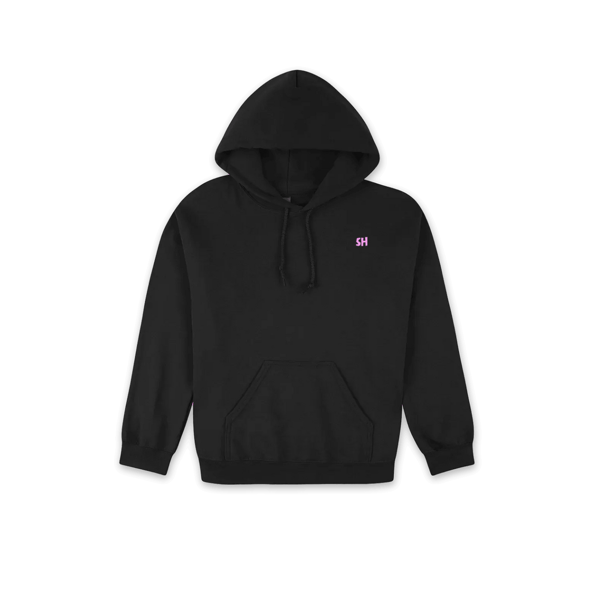 A black pullover hoodie with a small pink embroidered 'SH' logo on the left chest, displayed on a clean white background.