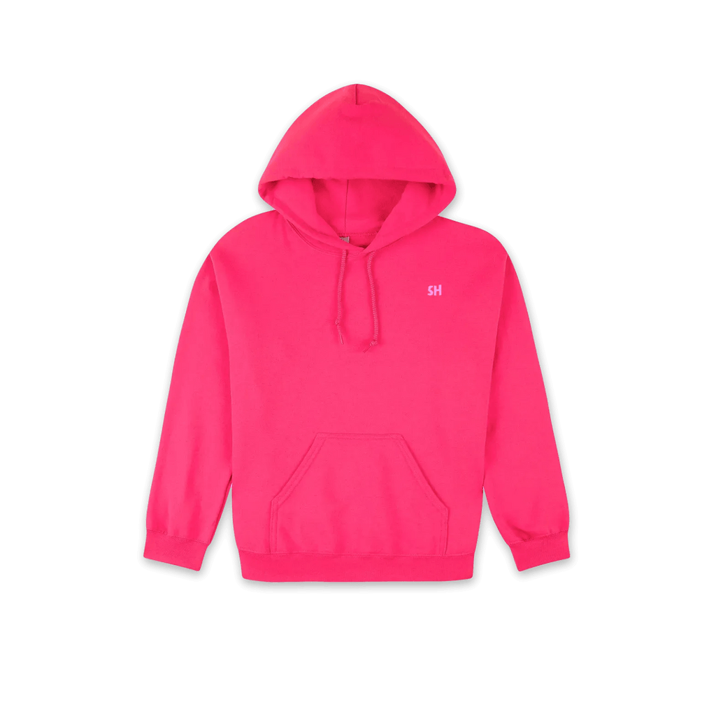 A bright pink pullover hoodie with a small white embroidered 'SH' logo on the left chest, displayed on a clean white background.