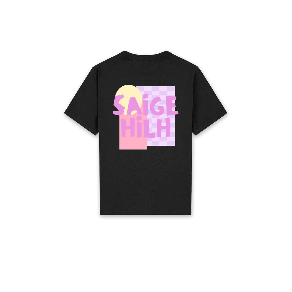 A black short-sleeve t-shirt shown flat against a white background, featuring a colorful graphic print on the back with the text 'SAIGE HILH' in pink over pastel pink, purple, and yellow blocks.
