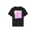 A black short-sleeve t-shirt shown flat against a white background, featuring a colorful graphic print on the back with the text 'SAIGE HILH' in pink over pastel pink, purple, and yellow blocks.