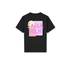 A black short-sleeve t-shirt shown flat against a white background, featuring a colorful graphic print on the back with the text 'SAIGE HILH' in pink over pastel pink, purple, and yellow blocks.
