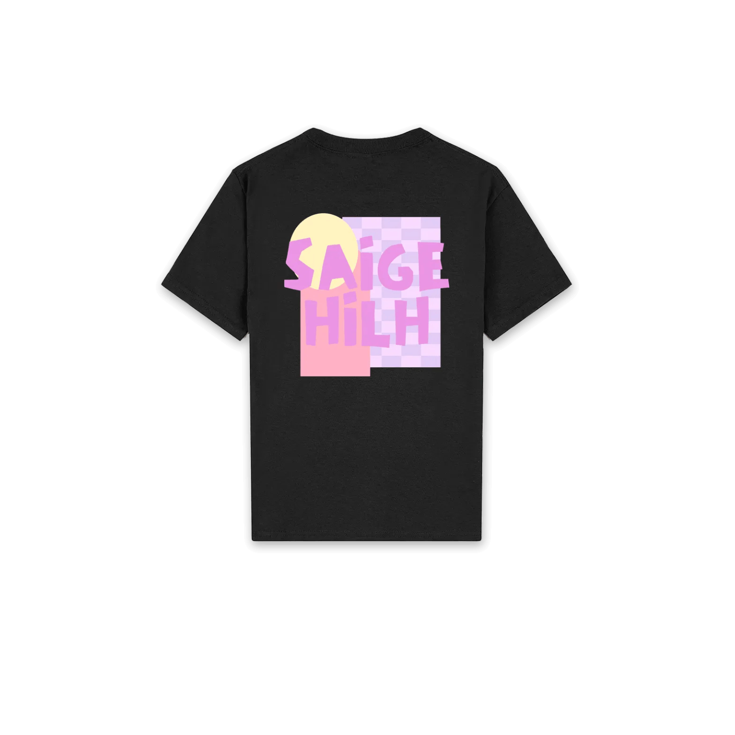 A black short-sleeve t-shirt shown flat against a white background, featuring a colorful graphic print on the back with the text 'SAIGE HILH' in pink over pastel pink, purple, and yellow blocks.