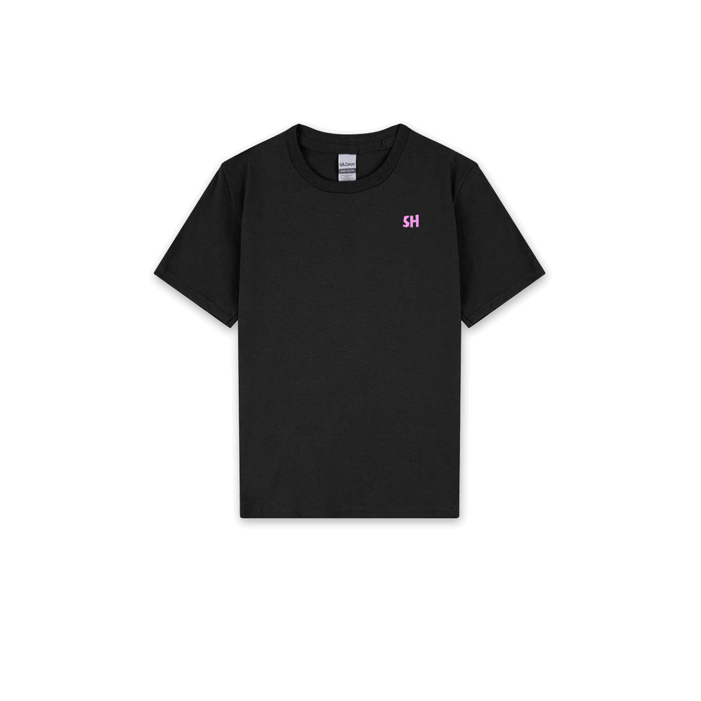 A black short-sleeve crewneck t-shirt with a small pink embroidered 'SH' logo on the left chest, displayed flat against a solid white background.