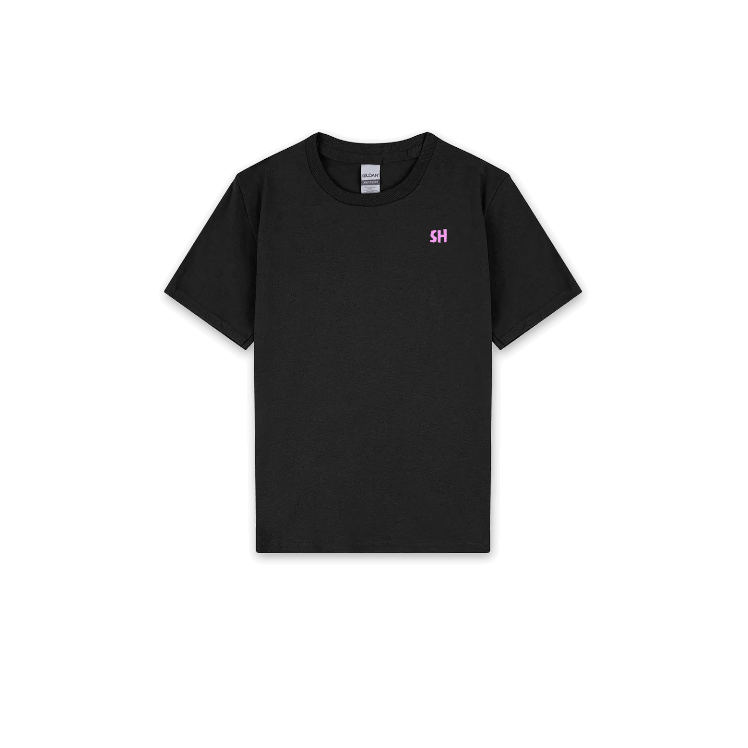 A black short-sleeve crewneck t-shirt with a small pink embroidered 'SH' logo on the left chest, displayed flat against a solid white background.