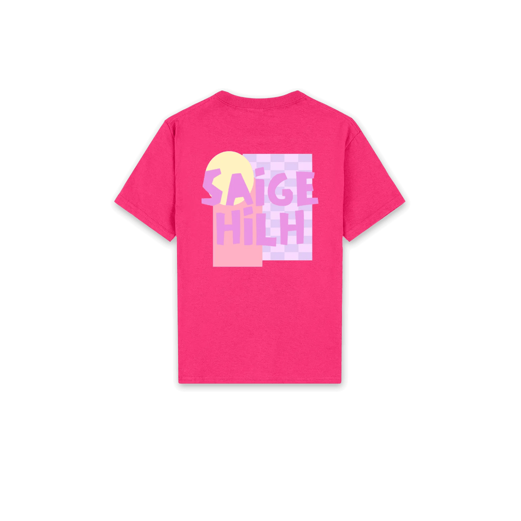 A bright pink short-sleeve t-shirt shown flat against a white background, featuring a colorful graphic print on the front with the text 'SAIGE HILH' in pink and purple over a pastel block pattern.