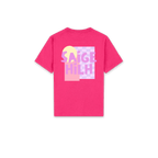A bright pink short-sleeve t-shirt shown flat against a white background, featuring a colorful graphic print on the front with the text 'SAIGE HILH' in pink and purple over a pastel block pattern.