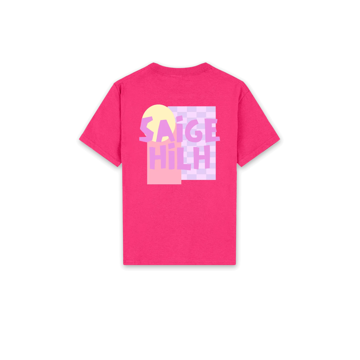 A bright pink short-sleeve t-shirt shown flat against a white background, featuring a colorful graphic print on the front with the text 'SAIGE HILH' in pink and purple over a pastel block pattern.