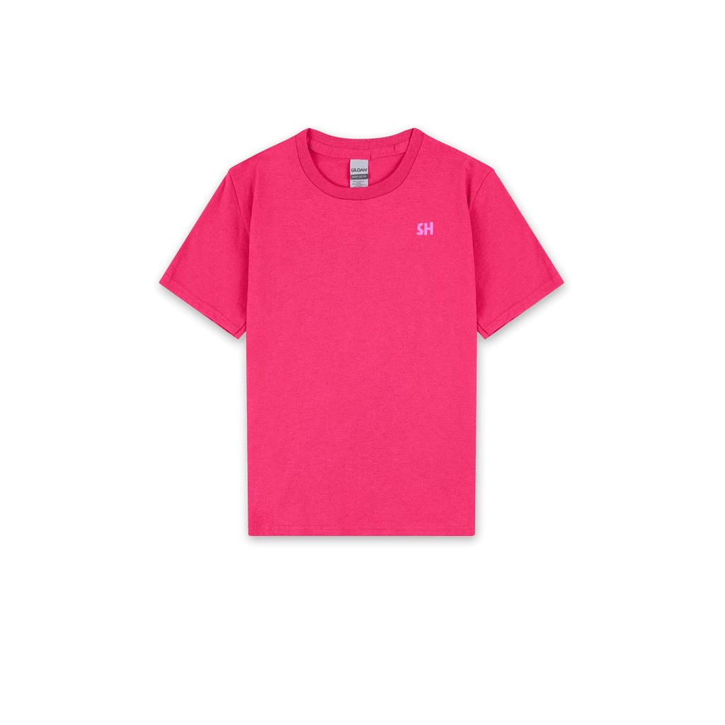 A bright pink short-sleeve crewneck t-shirt with a small white 'SH' logo on the left chest, displayed flat against a solid white background.