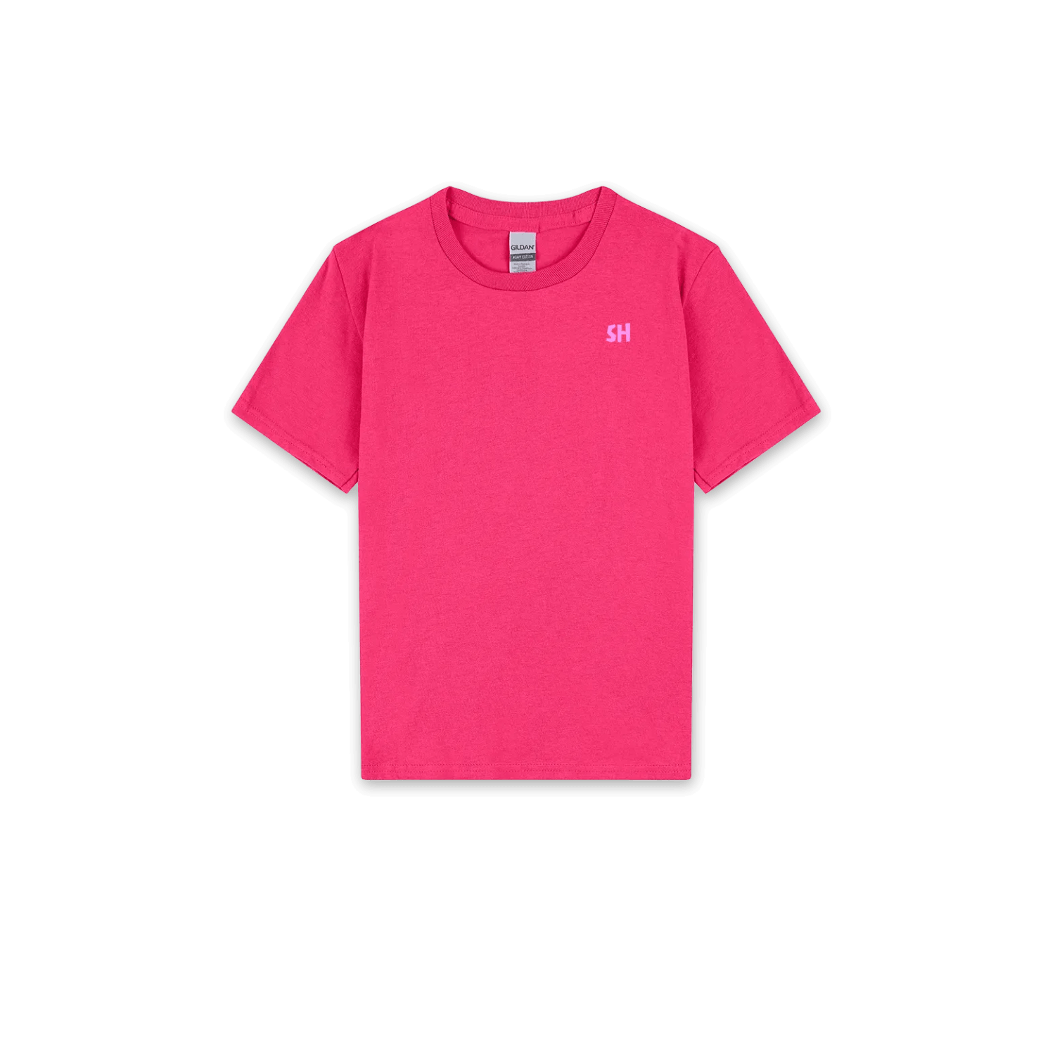 A bright pink short-sleeve crewneck t-shirt with a small white 'SH' logo on the left chest, displayed flat against a solid white background.